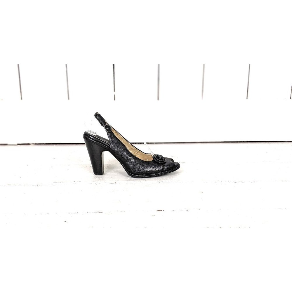Born black leather high heel sling back open peep toe shoes 7.5
